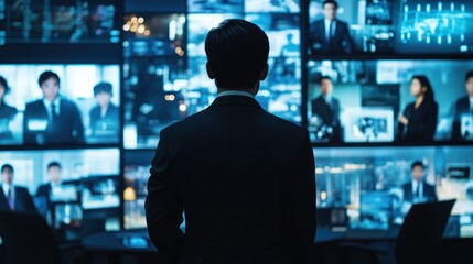 An Asian executive at the center of a video conference, participating in an international business meeting with multiple screens showing global team members