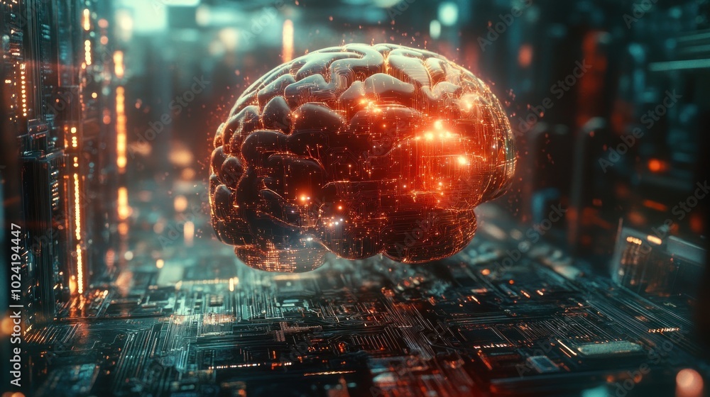 Poster a glowing, digital brain hovering above a circuit board, symbolizing advanced technology and intelli