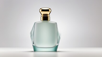 A sleek, minimalist perfume bottle with a frosted glass finish and a delicate gold cap, exuding elegance, isolated on white