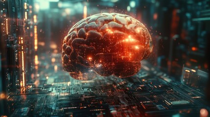 Fototapeta premium A glowing, digital brain hovering above a circuit board, symbolizing advanced technology and intelligence.