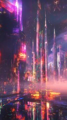 Artistic double exposure of a futuristic skyscraper, featuring neon lights and abstract design elements.