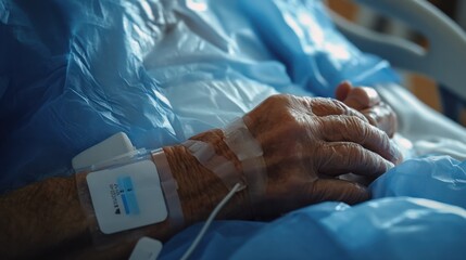 A patient recovering from surgery wearing a flexible, adhesive sensor patch that monitors vital signs and transmits data to a hospital system, reducing the need for frequent checkups