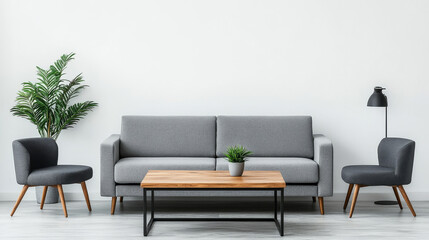 Modern living room with a gray sofa, two chairs, and a wooden coffee table.