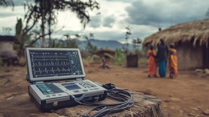 A portable, solar-powered medical device being used in a rural clinic, providing essential diagnostic functions like ultrasound and ECG to communities without electricity