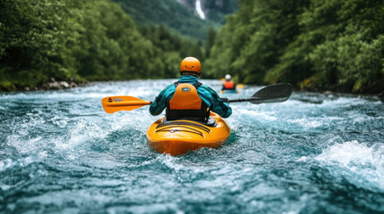 A group of kayakers navigating through white water rapids, the river rushing beneath them as they skillfully maneuver their boats