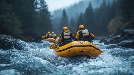 Fototapeta premium A group of rafters braving intense rapids, their raft bouncing through the waves, surrounded by towering trees and rugged terrain