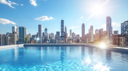 Fototapeta premium Rooftop pool with a view of the urban skyline, featuring bright, sunlit buildings and a clear blue sky