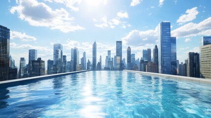 Fototapeta premium Rooftop swimming pool designed with a view of the urban skyline, surrounded by bright skyscrapers under sunny skies