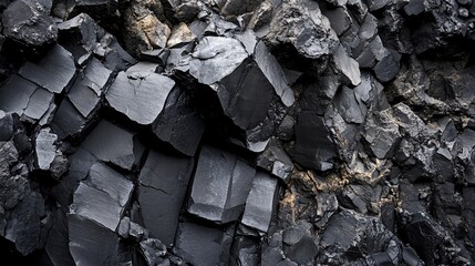 2410_194.fractured volcanic rock face, interlocking basalt columns, deep charcoal tones, textural detail, geometric natural patterns, moody geological study, stark lighting on stone