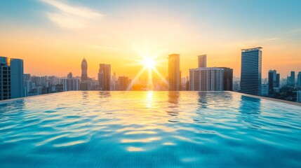 Fototapeta premium Rooftop swimming pool with a view of the city high-rise buildings, the sun shining brightly, and the clear blue sky adding to the serene atmosphere.