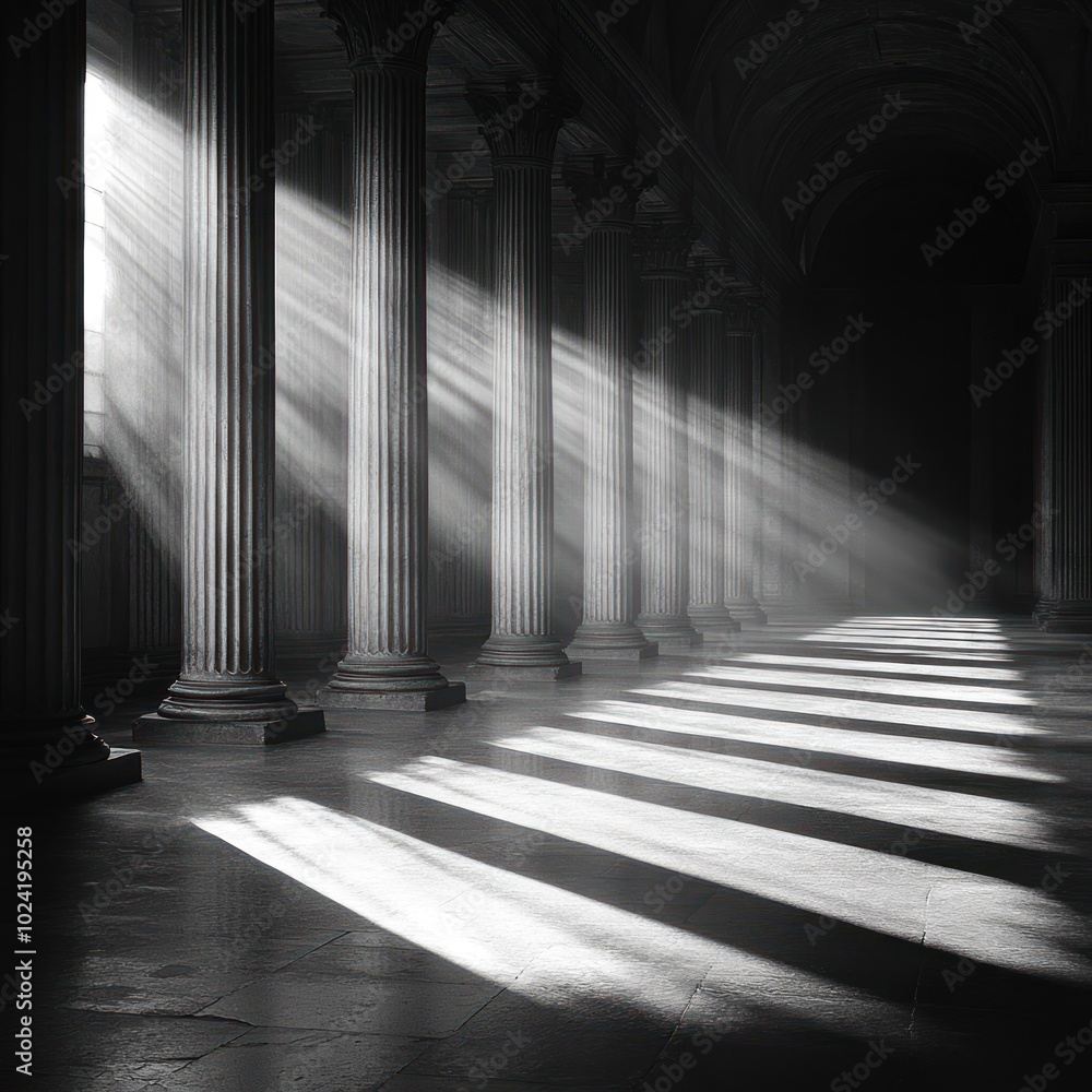 Poster sunlight streams through a row of columns in a dimly lit hallway.