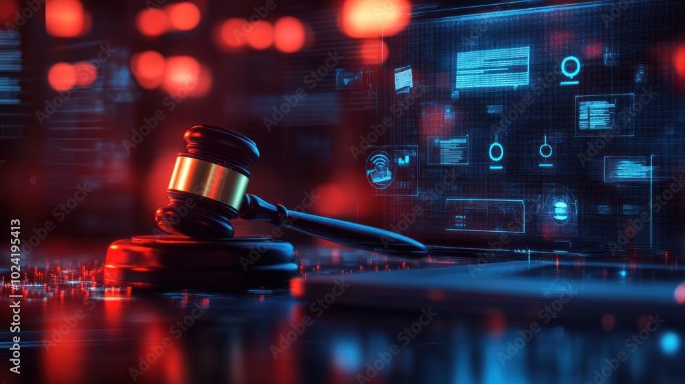 Poster a gavel on a digital interface, symbolizing law and technology integration.