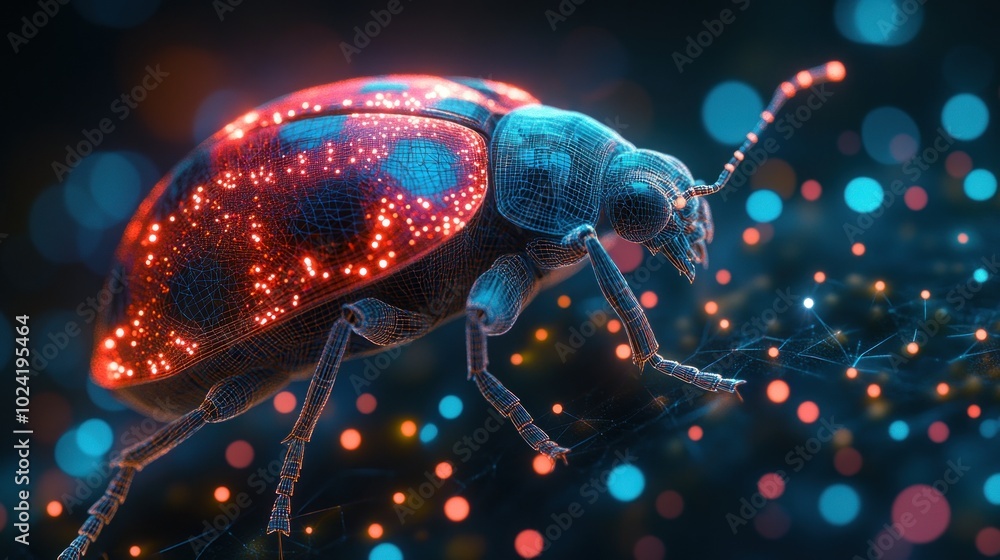 Poster a vibrant, digital representation of a beetle with glowing patterns against a colorful background.