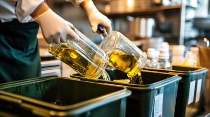 A restaurant kitchen participating in an oil recycling program, with staff pouring used cooking oil into designated recycling bins for sustainable disposal