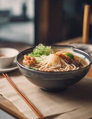 Elegant ramen bowl in a refined restaurant, perfect for a menu display.