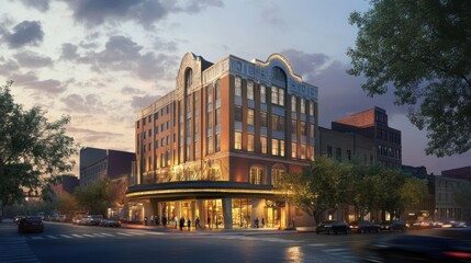 A rundown cinema being renovated into a boutique hotel, where adaptive reuse construction blends the classic theater architecture with contemporary design