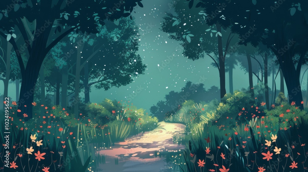 Poster A forest scene with a path through it. The path is lined with flowers and trees