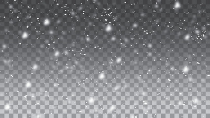 Snowflakes, snow storm, winter, snowfall vector. Snow falling on transparent background.