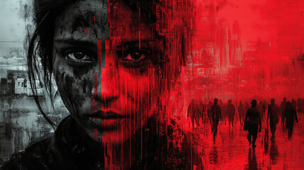 A powerful fundraiser poster with striking black-and-white photography of people in need, overlaid with bold red text calling for urgent donations