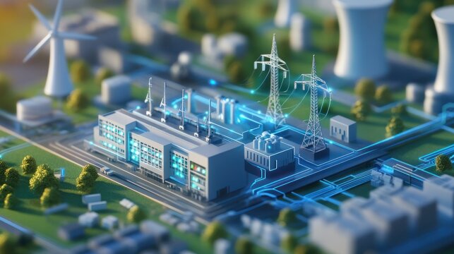A smart grid control center using AI and machine learning to optimize the distribution of clean electricity from renewable sources like wind, solar, and hydropower