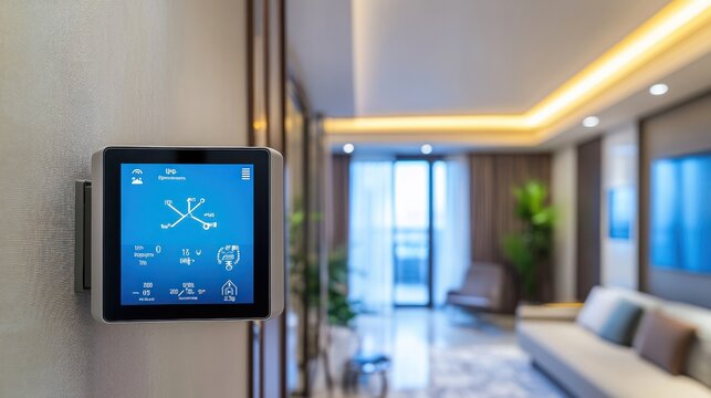 A smart meter display in a modern apartment, providing detailed energy usage information and sending real-time data to the utility provider for efficient energy management