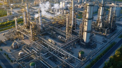 Fototapeta premium A sustainable oil production facility with eco-friendly infrastructure, including green spaces and waste-reducing processes, balancing industrial needs with environmental responsibility