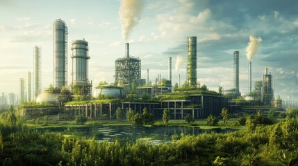 Obraz premium A sustainable oil production facility with eco-friendly infrastructure, including green spaces and waste-reducing processes, balancing industrial needs with environmental responsibility
