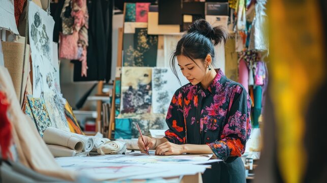 An Asian fashion designer sketching out new designs in a bustling studio, surrounded by fabrics, mannequins, and mood boards filled with vibrant colors and textures