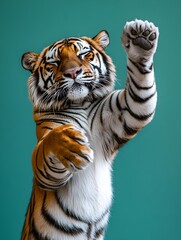 Fototapeta premium Surreal Sumatran Tiger Dabbing on Vivid Teal Background with Copyspace