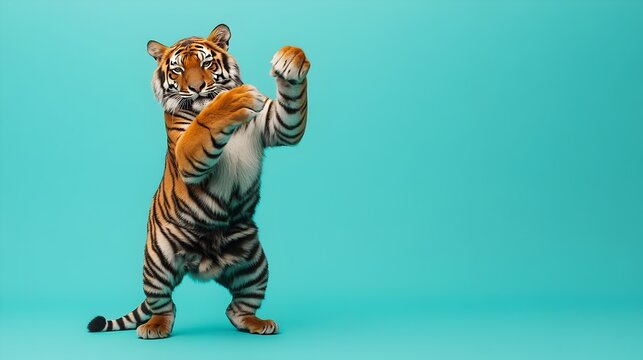 Surreal Bali Tiger Dabbing Against Vivid Azure Background