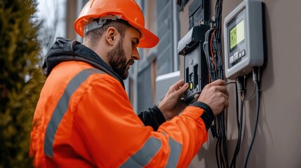 A utility worker installing a smart meter on a residential building, enabling remote monitoring and more accurate billing based on real-time electricity consumption