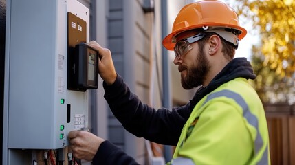 A utility worker installing a smart meter on a residential building, enabling remote monitoring and more accurate billing based on real-time electricity consumption