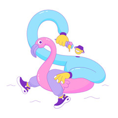 Ice cream guy floating on an inflatable pink flamingo