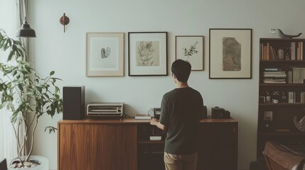 An Asian interior designer working in a minimalist apartment, with clean lines, neutral tones, and simple yet elegant furniture pieces creating a sense of calm and balance