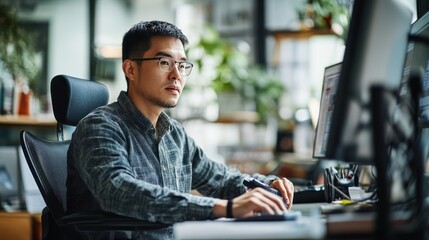 An Asian man using assistive technology to work at his desk, with adaptive devices helping him navigate the digital world, promoting accessibility in modern workplaces