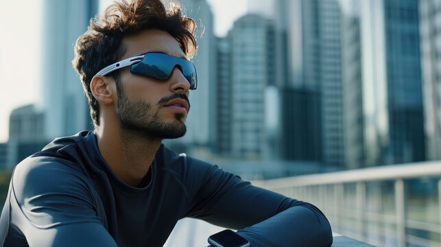 An athlete using a smart wearable that tracks hydration levels, muscle fatigue, and recovery, offering personalized insights for better performance and health management