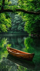 Obraz premium A wooden rowboat sits peacefully on a still lake, surrounded by lush green foliage. AI.