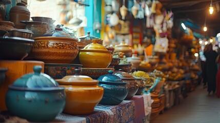 Colorful Ceramic Pots and Bowls Displayed in a Shop