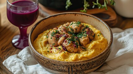Bowl of Creamy Polenta with Savory Meat Toppings and Herbs