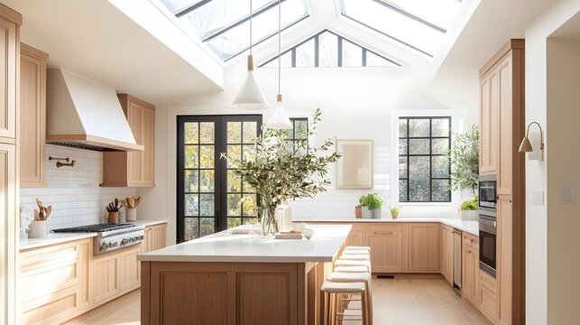 A bright, airy kitchen with skylights, light wood cabinets, and a large island for entertaining
