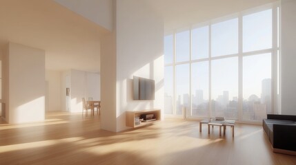 Obraz premium Bright modern living room with large windows and minimalistic design.