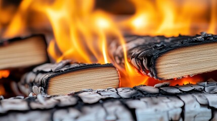 Burning books symbolizing censorship and the destruction of knowledge.