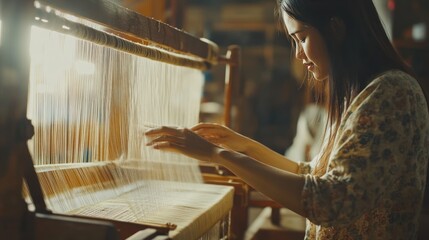 An Asian woman weaving silk on a traditional loom, the threads catching the light as she works on a beautifully detailed fabric, continuing the heritage of artisan craftsmanship