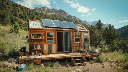 Construction of an off-grid tiny house in a mountainous region, with a focus on renewable materials, solar energy, and water conservation systems