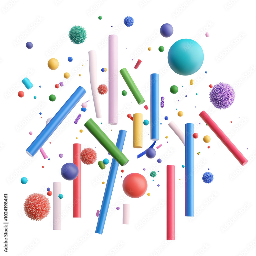 Poster a colorful explosion of 3d spheres and striking lines creating a dynamic visual effect