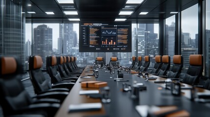 Modern conference room with city view and digital display.
