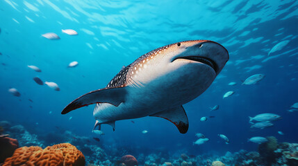 Fototapeta premium A majestic whale shark swimming gracefully through a vibrant coral reef, showcasing its unique patterns against the backdrop of the clear blue ocean.