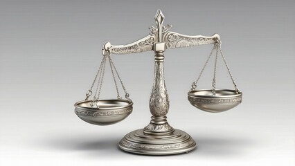 A realistic 3D silver Scale of Justice with intricate engravings, symbolizing fairness and equality, isolated on transparent background