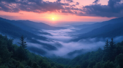 Foggy mountains at dawn, the mist softly flowing over the ridges and valleys, creating a serene and ethereal view