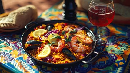 Seafood Paella with Lemon Slices and Red Wine